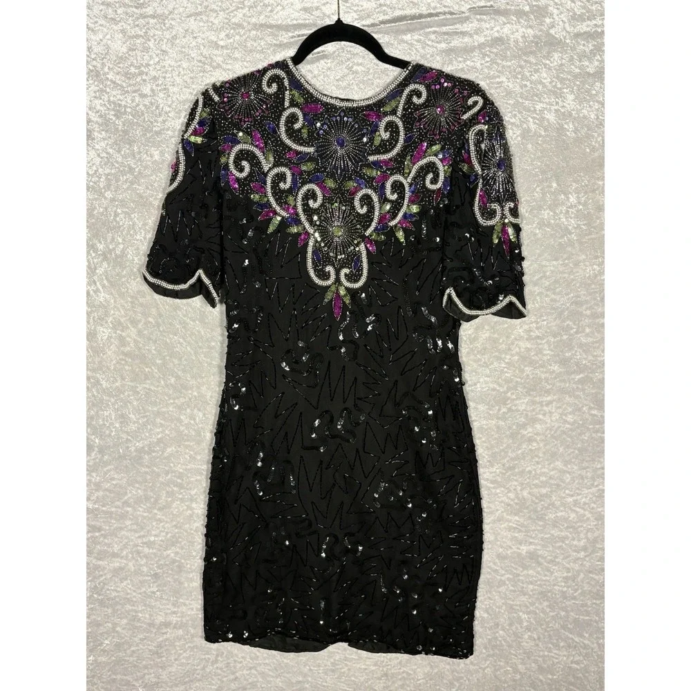 Vintage Laurence Kazar NY‎ Silk Beaded Sequin Cocktail Dress Black Art Deco M